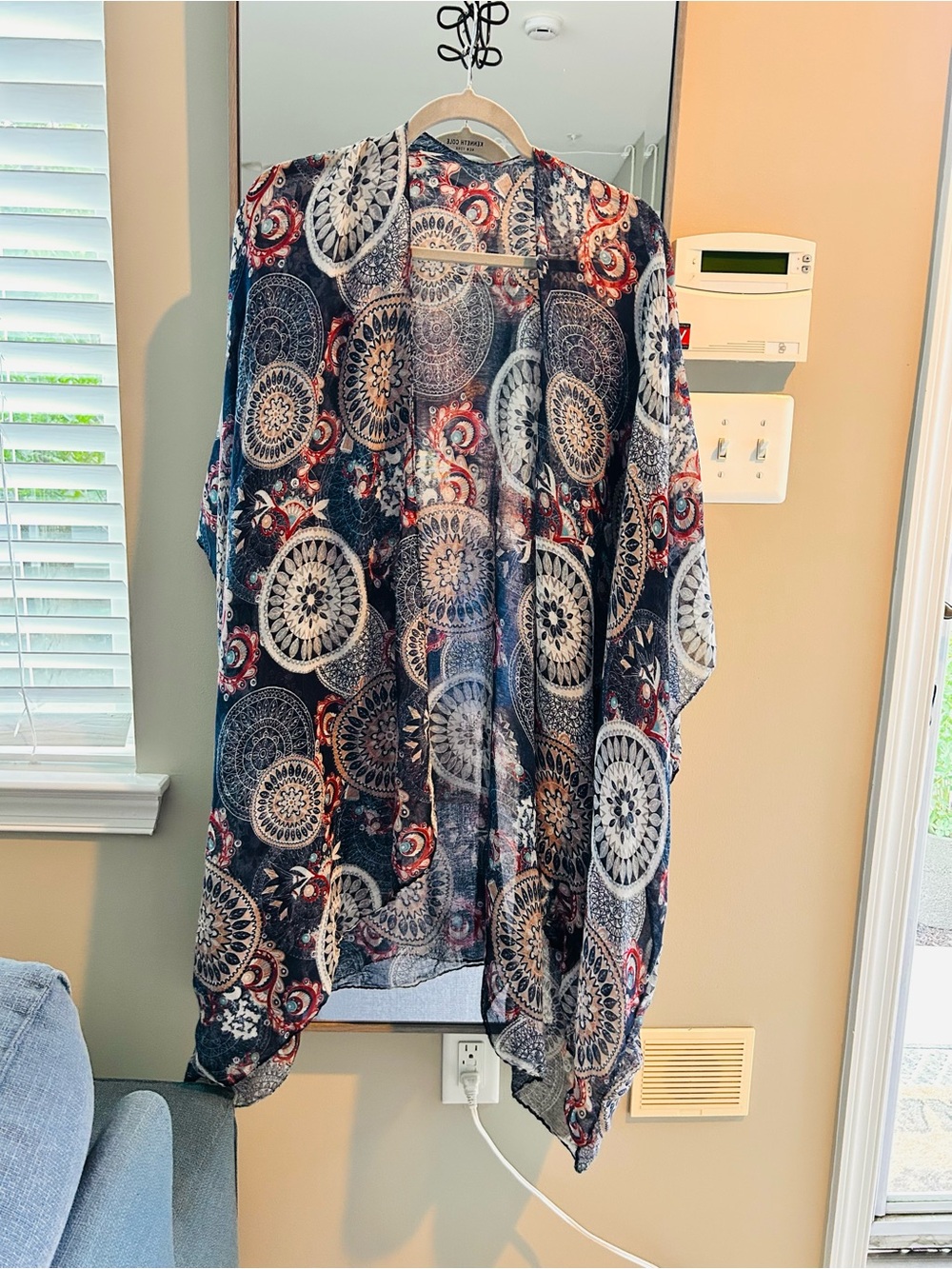 Boho Sheer Kimono Cardigan — Navy, White & Red Medallion Print